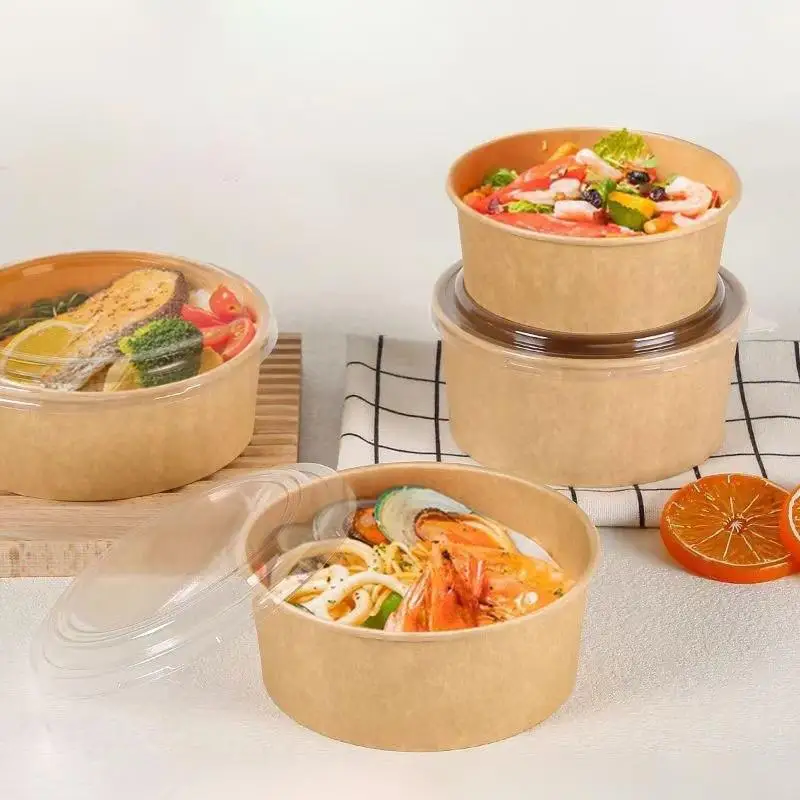 Disposable Round Kraft Paper Bowls Salad With Lids Takeaway Streetfood