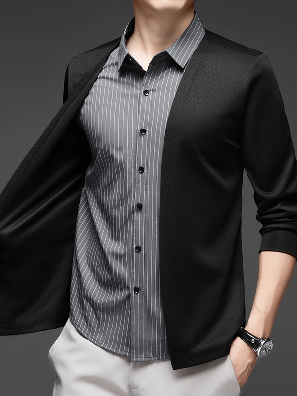 

Новинка осени: Мужской вязаный кардиган с отложным воротником, длинными рукавами, однотонный, повседневный, городской, деловой, кэжуал.