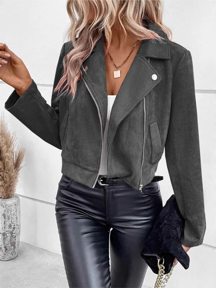 Frauen Casual Revers Zipper Jacke Nachahmung Hirschleder Samt Kurzen Mantel Winter Mode Schlanke frauen Reiten Kurze Jacke 2025