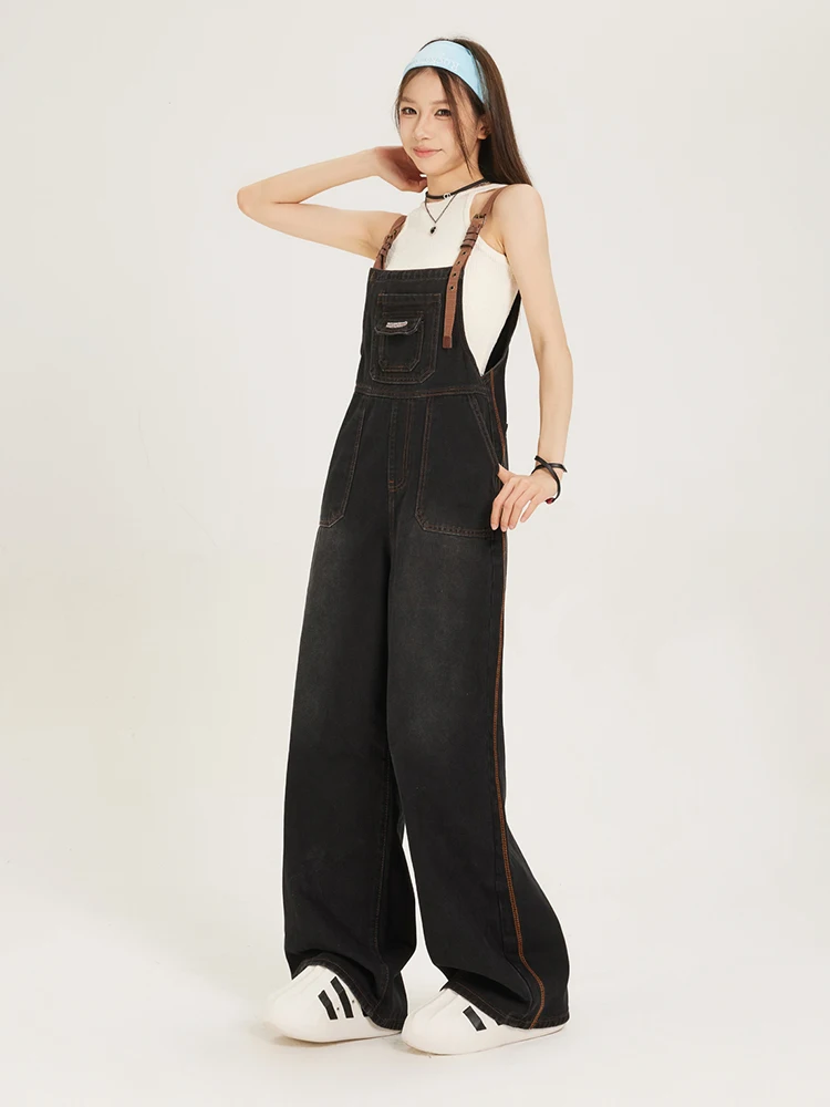 American Style Vintage Denim Overalls Women's Loose Strap Pants Age-Defying Wide Leg Jumpsuit Comfortable Fit Natural Waist