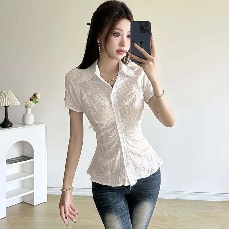 Shirt French Style Button-Up Blouse Tighten The Waist Women Chic Elegant Striped Short Sleeve Shirt Summer Streetwear Ladies