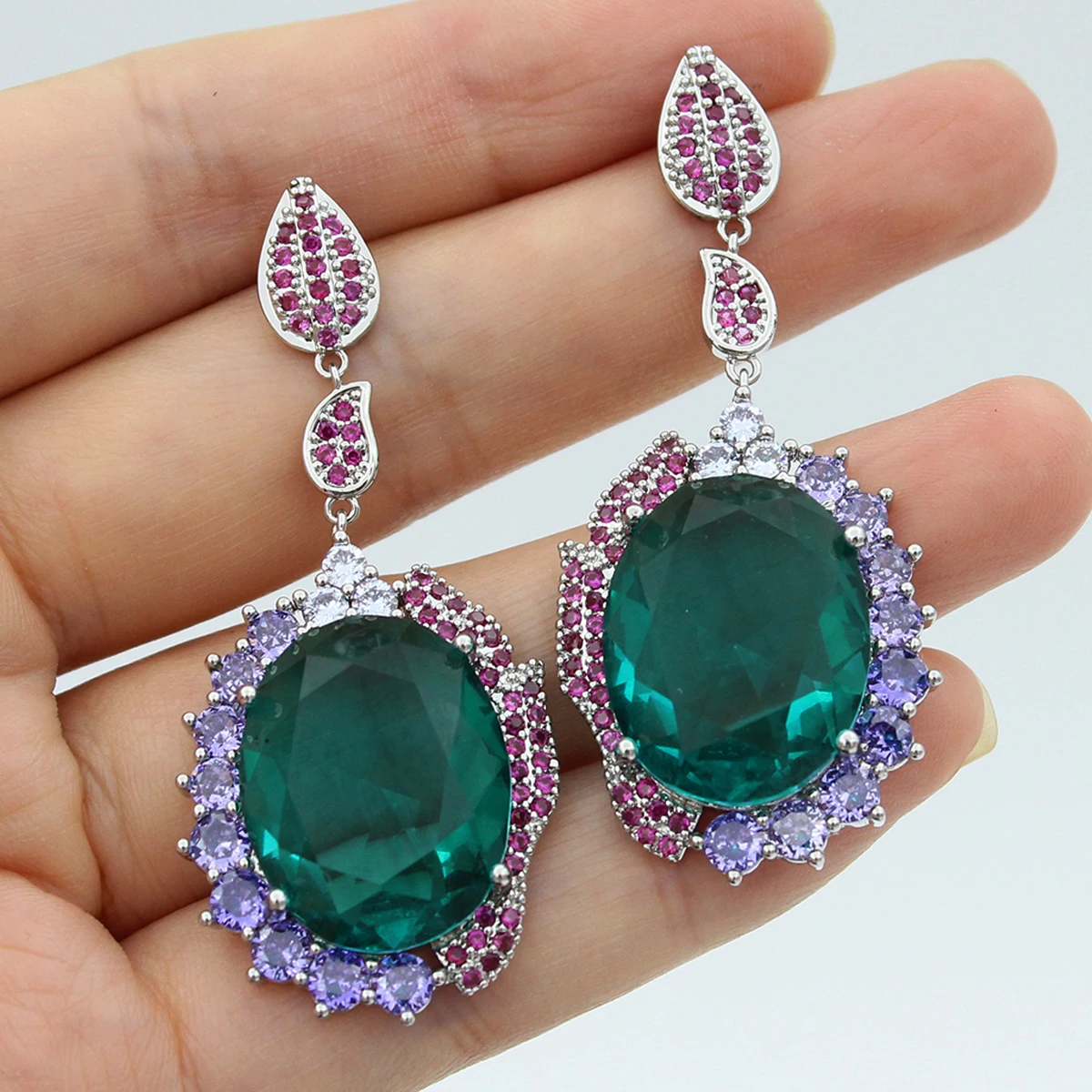Luxury Women Dangle Earrings Wedding Bride Jewelry Zircon Green Drop Earrings For Evening party Anniversary Gift Female