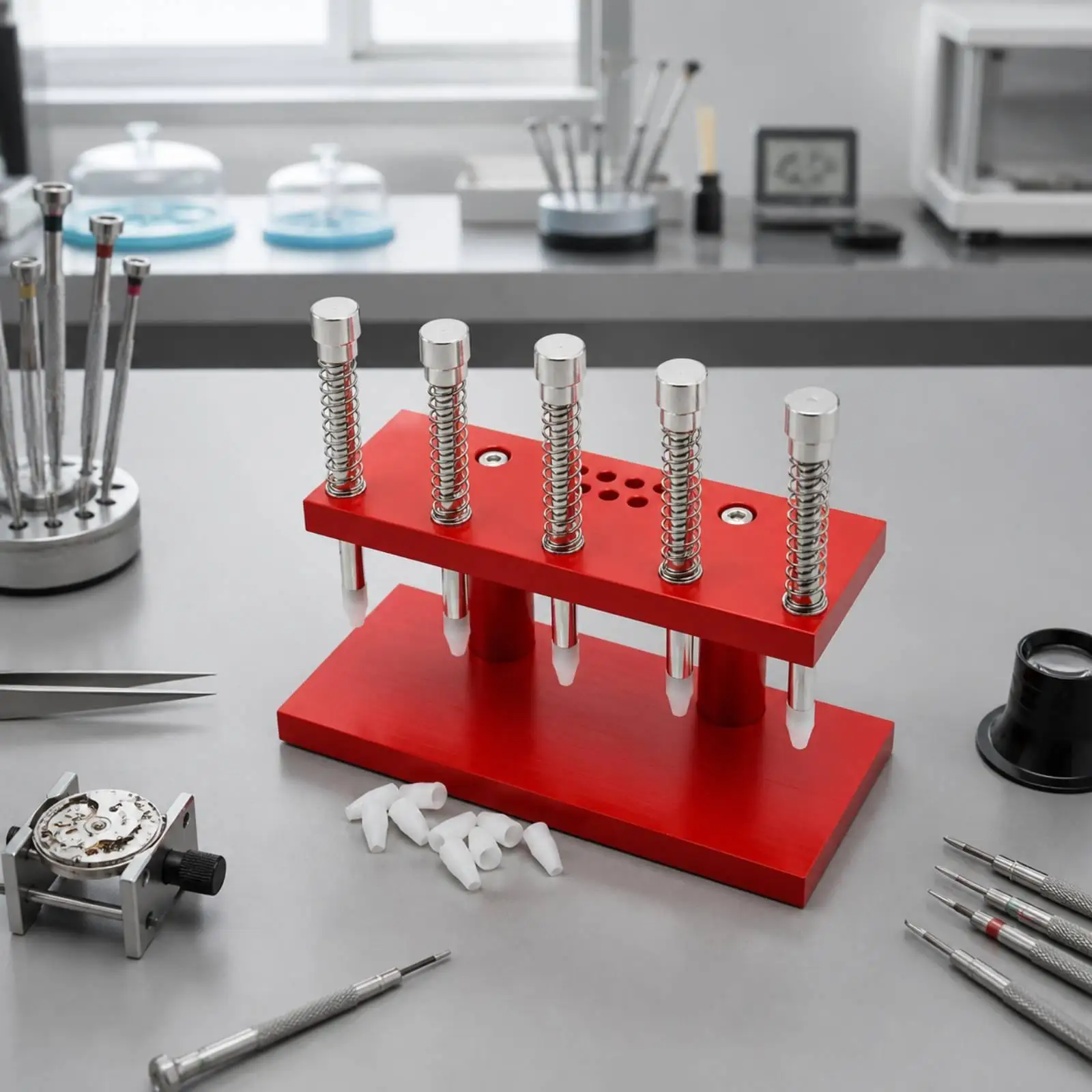 Precision Timepiece Hand Press Tool for Watchmaker Repair with Aluminum Alloy Base and Plungers
