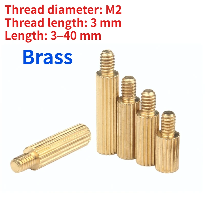 5-30pcs M2 Single-Thread Knurled Brass Spacer Standoff, Round Male-Threaded Copper Column, PCB Support Stud Length: 3–40 mm