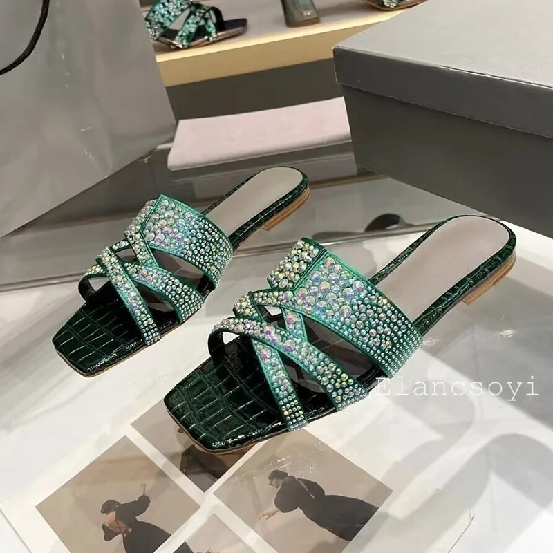 لامعة حجر الراين نعال مسطحة المرأة ساحة تو قدس الصنادل كسول الصيف شباشب على الموضة في الهواء الطلق عطلة أحذية الشاطئ #3
