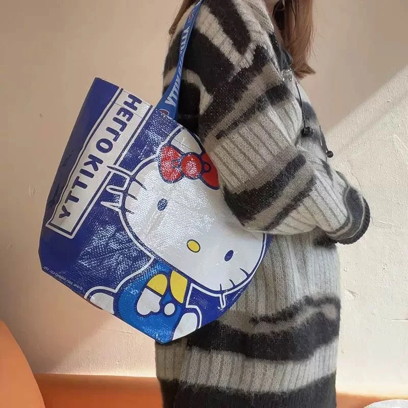 Super Kawaii Blue Hello Kittys Printed Shopping Nylon Bag Eco-friendly Hand-woven Bags One Shoulder Cute and Sturdy Storage Bag