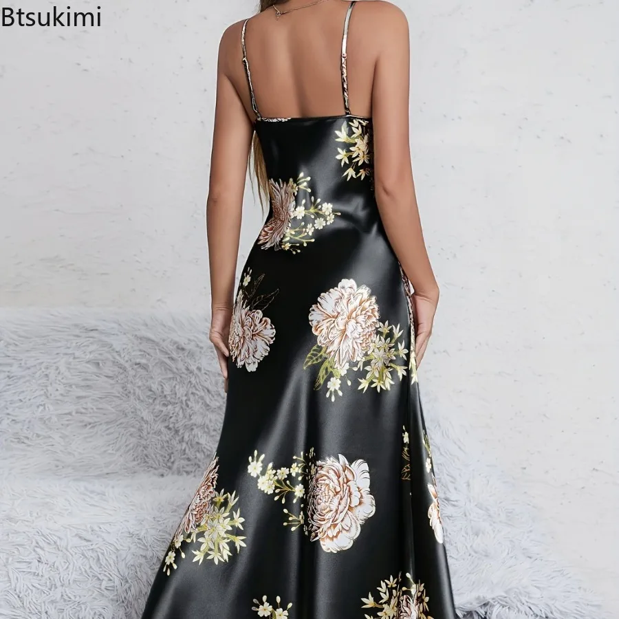 2025 신상 여성 여름 우아하고 섹시한 V넥 플로럴 프린트 실키하고 편안한 부드러운 슬립 나이트가운 슬립 드레스 라운지웨어 잠옷