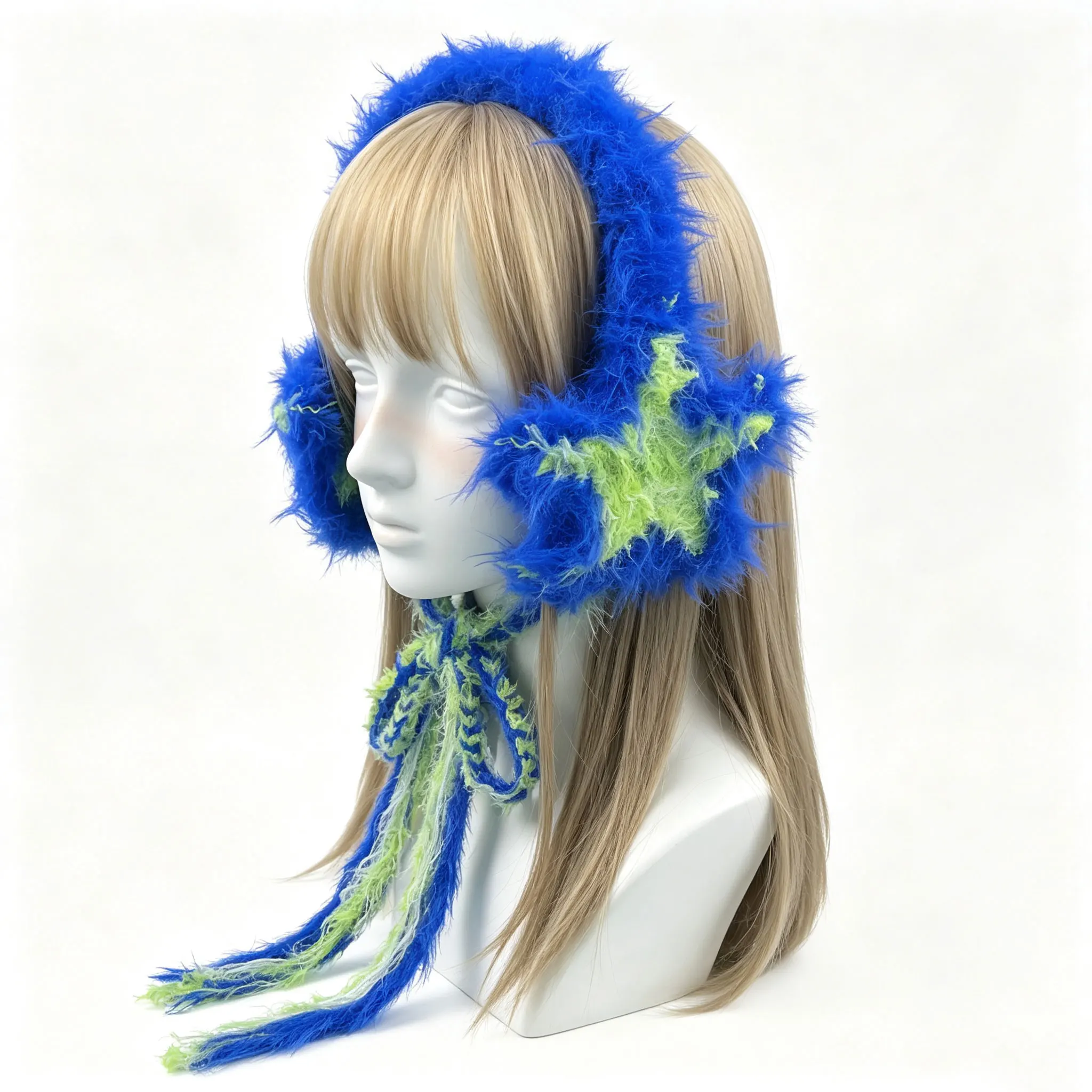 Handmade Blue Green Earmuff Girl Custom Crochet Star Knit Headwear Women Winter Warm Streetwear Hip Pop Y2k Hair Accessory