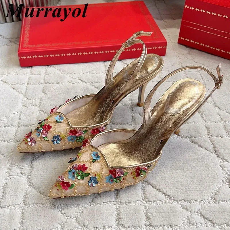 Thin High Heels Pumps Pointed Toe Flower Rhinestone Decor Sandalias Women's Mesh Slingback Sandals Summer Party Dress Shoes