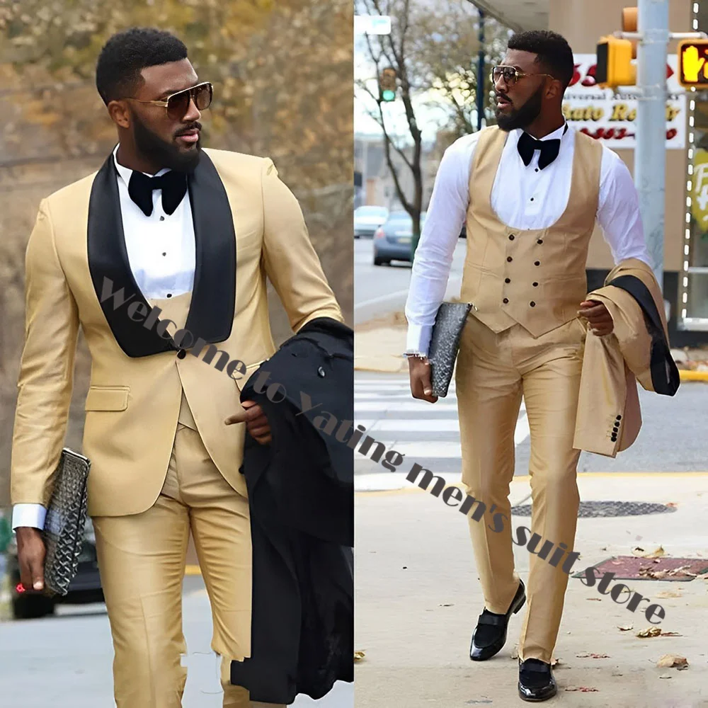 

Champagne 3 Pieces Mens Suits Groomsmen Wedding Tuxedos For Men Formal Blazers Shawl Lapel Leisure Suit (Jackets+Pants+Vests)