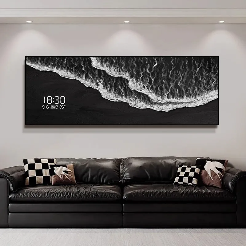 Modern Wave Living Room Led Decorative Painting Luxury Electronic Clock Entrance Room Sofa Background Wall Lamp Hanging Painting