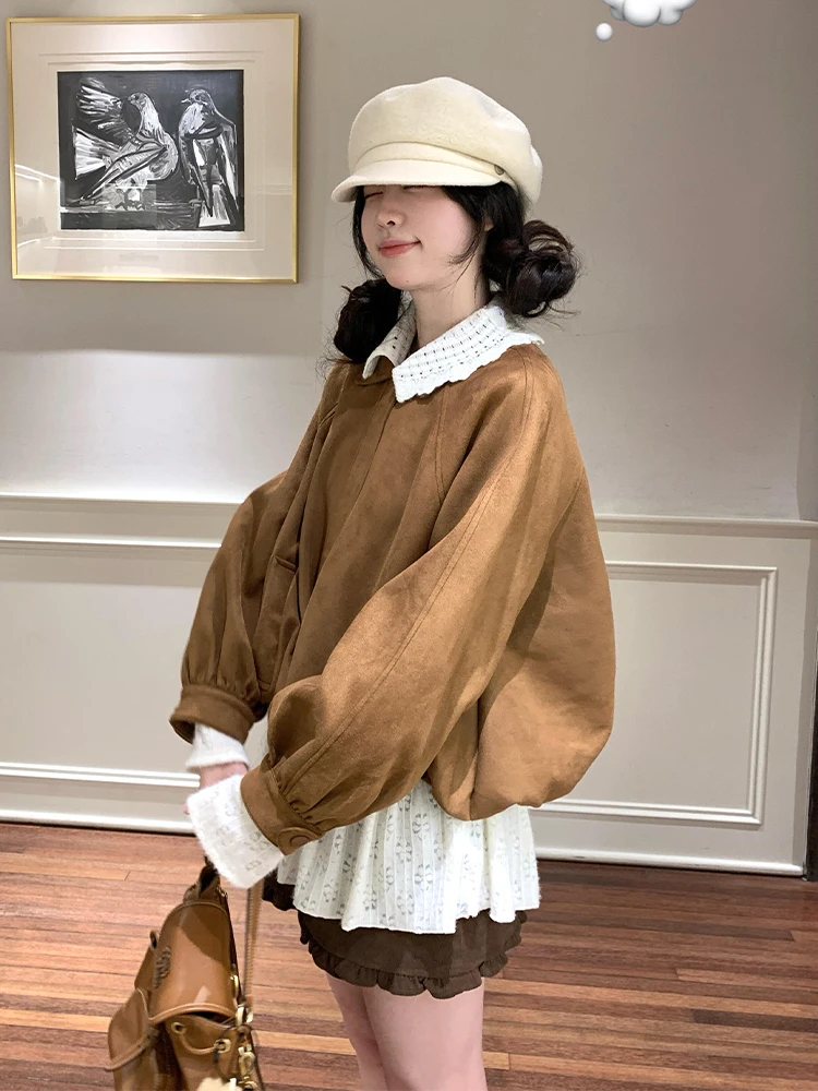

American Retro Caramel Outerwear Set Sweet Girl Style Fall New Arrival Three-Piece Suite Inner Shirt Short Skirt Layering