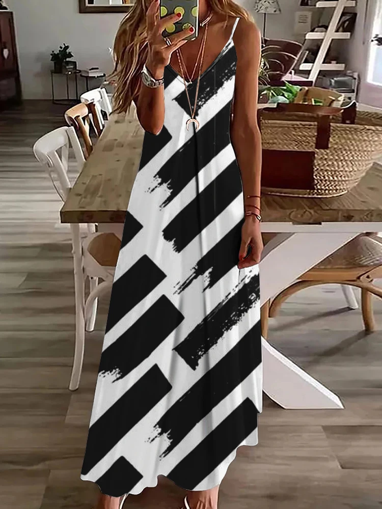 

2025 New 3D Striped Print Women's Long Dress Summer Daily Casual Women's Sleeveless Dress Urban Street Women's Elegant Dress