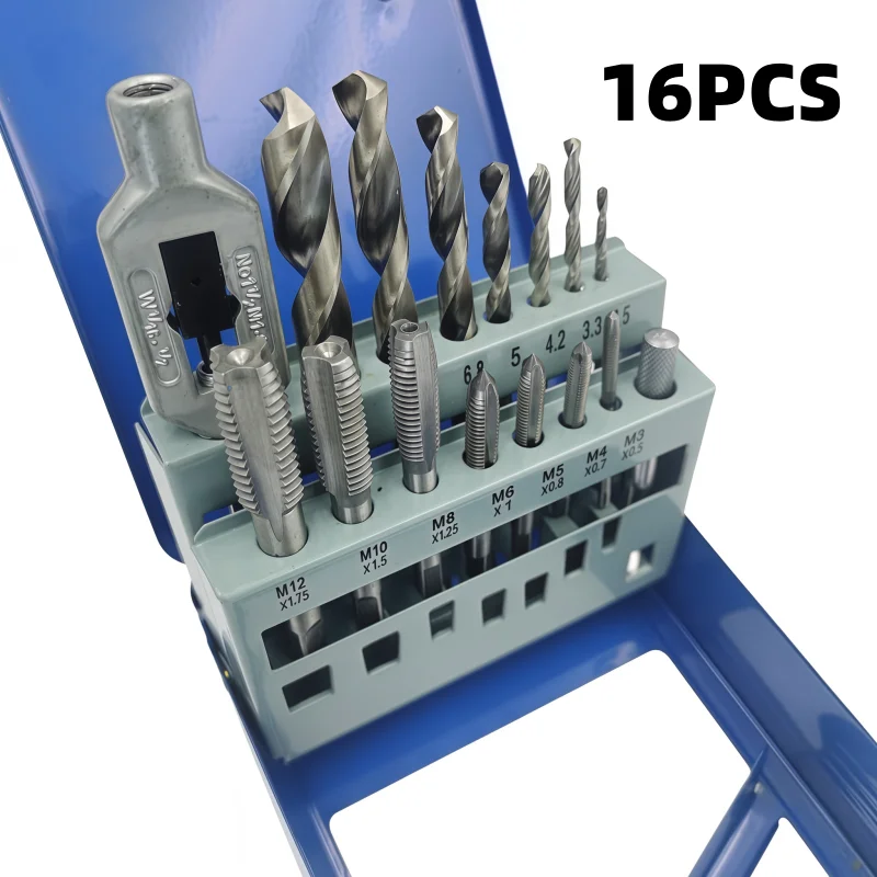 16Pcs Metric Tap Drill Bit Set HSS Thread Taps Twist Drills T-Handle Wrench Metal Case for Metal Wood Tapping
