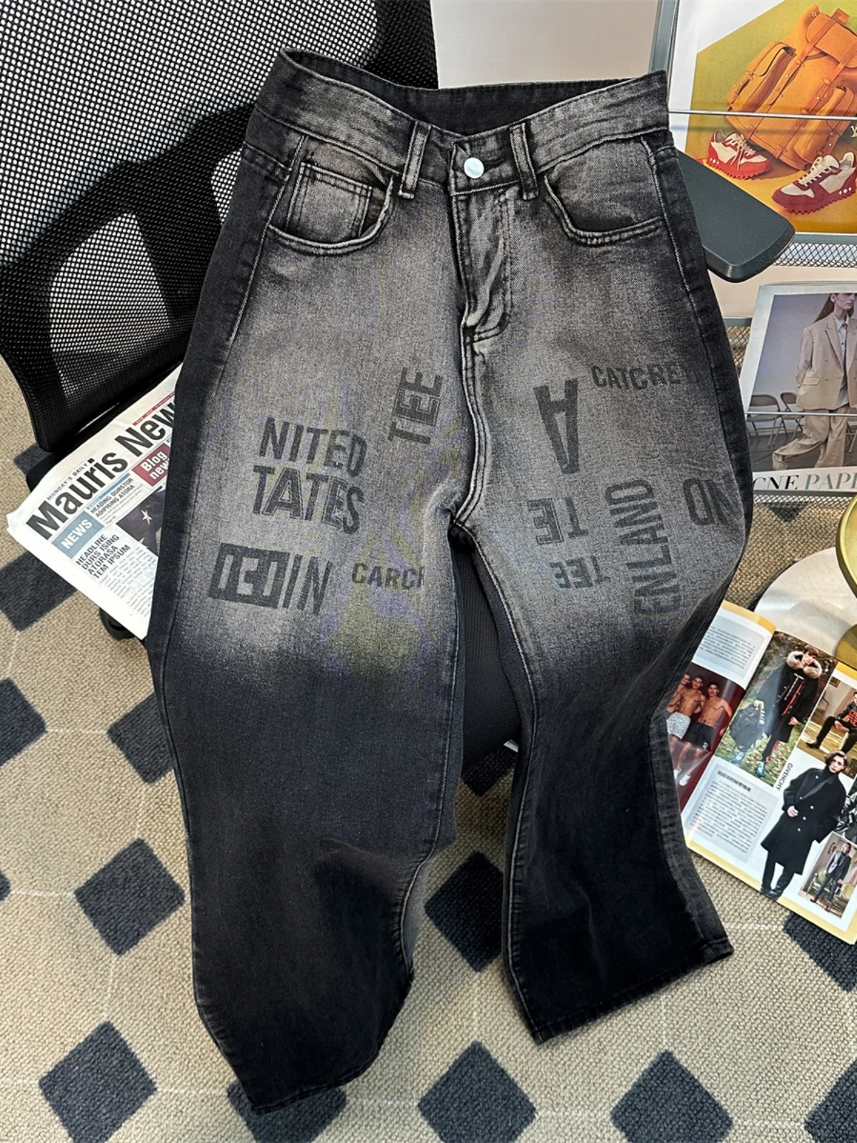 

Gradient Print Wide Leg Jeans Men's Loose Casual Spring Fashion American Style Printed Denim Pants Youth Trendy Straight Cut