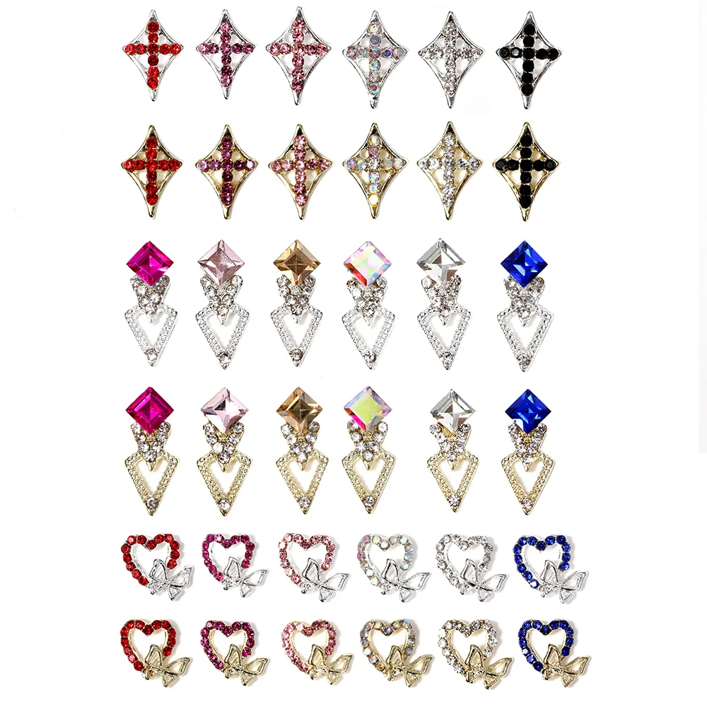 10PCS Y2K Metall Herz Schmetterling Vintage Kreuz Farbige Strass Nail art Charm Patch Diy Handgemachte Gold Silber Nagel Zubehör