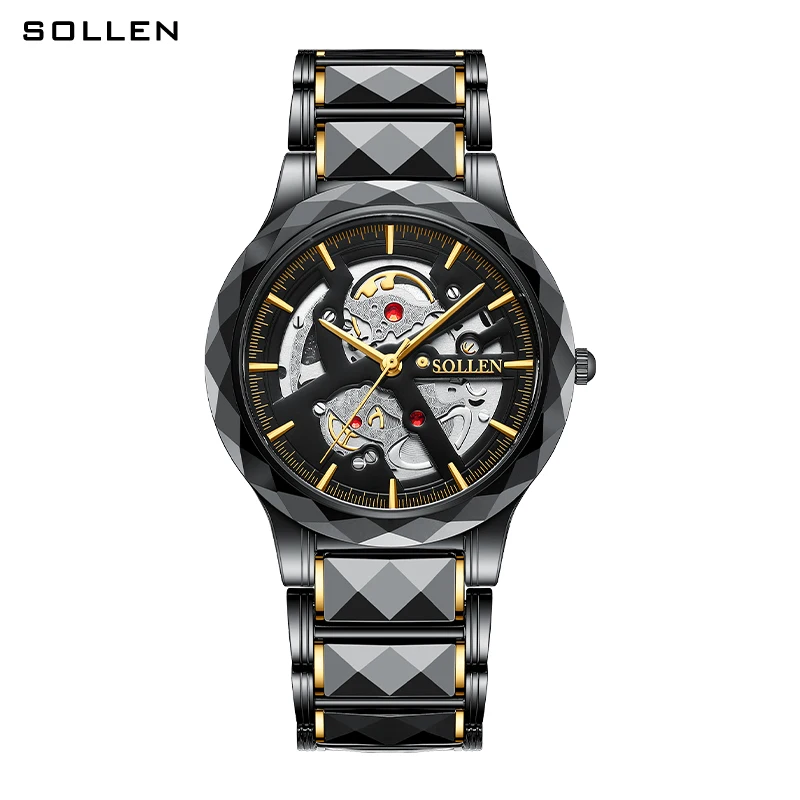 

SOLLEN 207 Rhombic Design Elegant Men's Quartz Watch Ceramics Steel Strap Exquisite Business Male Timepiece Gift Clock Gift
