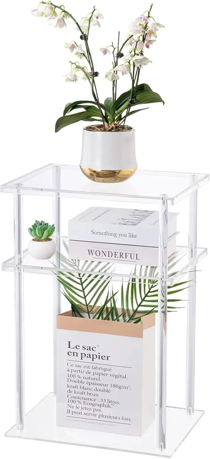 Clear Acrylic Side Table, 3-Tier End Table for Living Room, Nightstand for Bedroom, Frame Design, 15.7