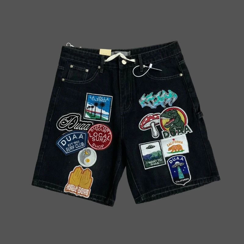 Dinosaur Mushroom Cartoon Embroidery Patch Badge DUAA Shorts Vintage Distressed Washed Worn Black Denim Pants Men Women