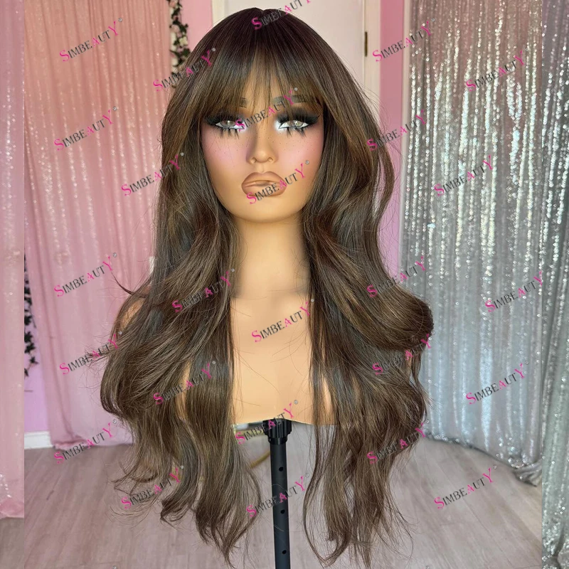 Pre Plucked 13x6 Lace Front Human Hair Wigs with Bangs for Black Women Glueless Fringe Ash Brown Long Wavy Full Lace Wigs Virgin