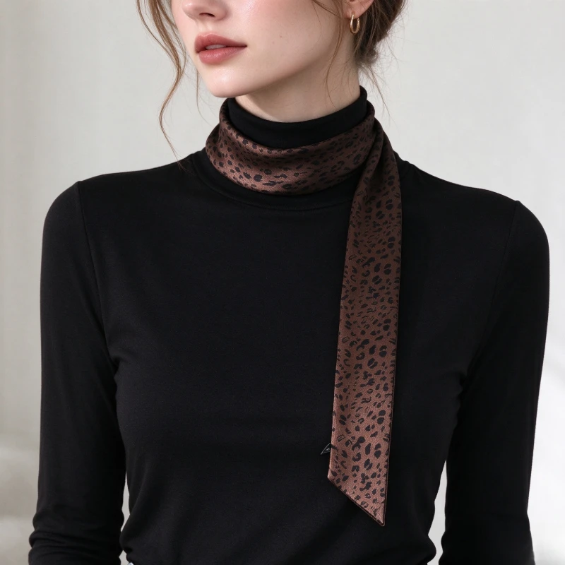 Women Y2K Vintage Leopard Print Skinny Long Neck Scarf, Slim Narrow Satin Neck Tie, Retro Minimalist Fashion Accessory for Daily