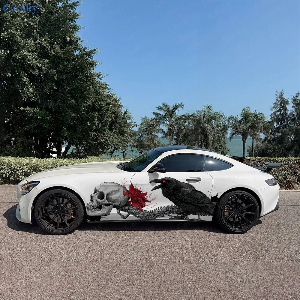 2pcs Red Flower Snake Bone Raven, Durable, Fade-resistant, Enhance Vehicle Aesthetics With Bold Artistic Design Car Vinyl Wraps
