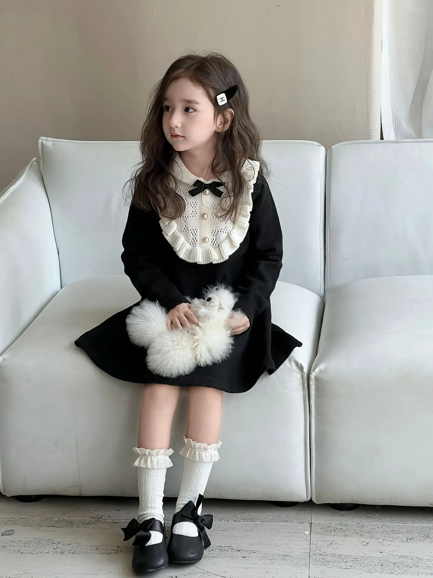 Girls Knitted Dress 2024 Autumn Winter New French Hepburn Style Woolen Dress Children Fashion Princess Dress