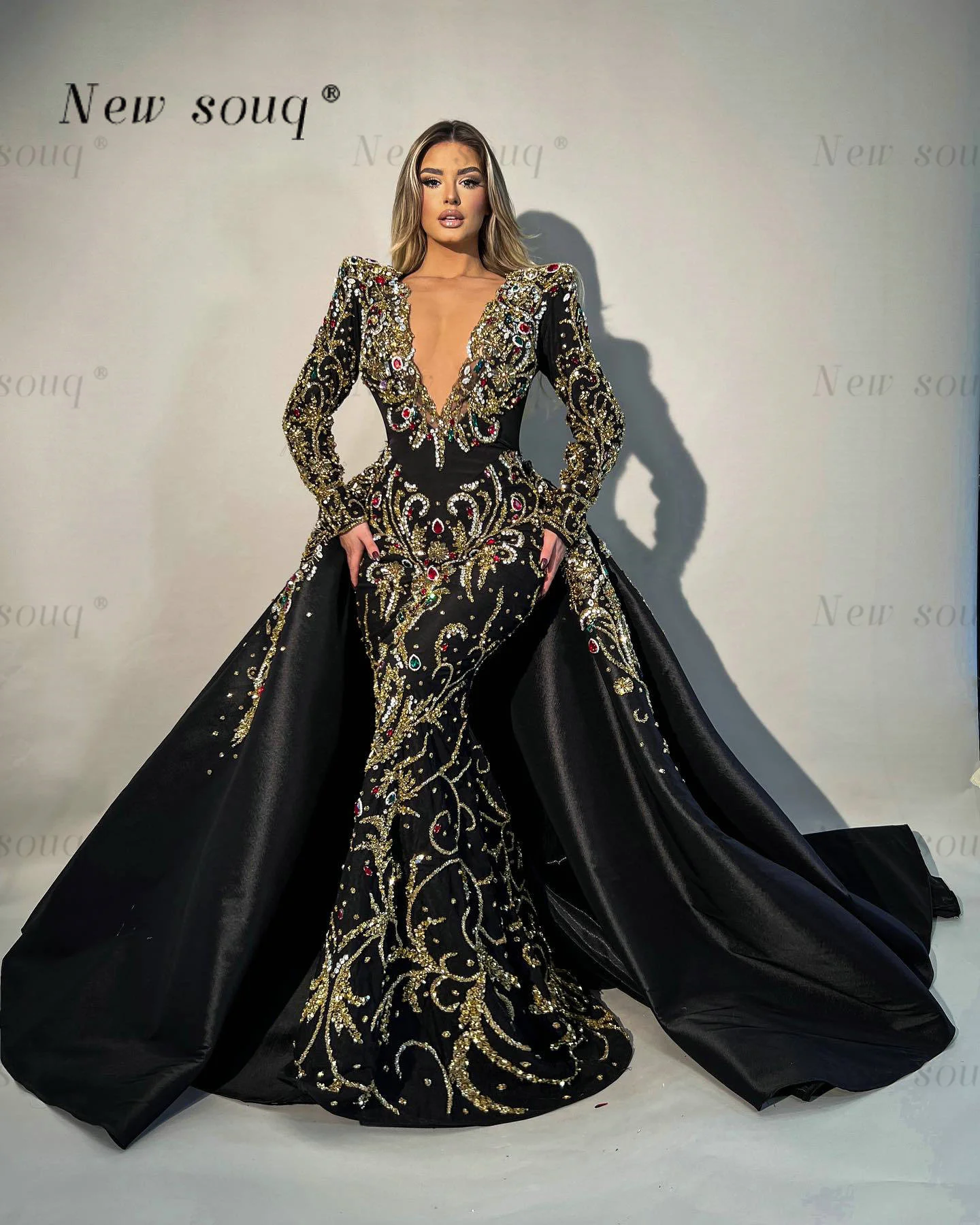 Dubai Sexy Deep V Neck Luxury Heavy Beading Evening Dresses with Detachable Train 2024 Glamorous 2 in 1 Overskirts Party Gowns