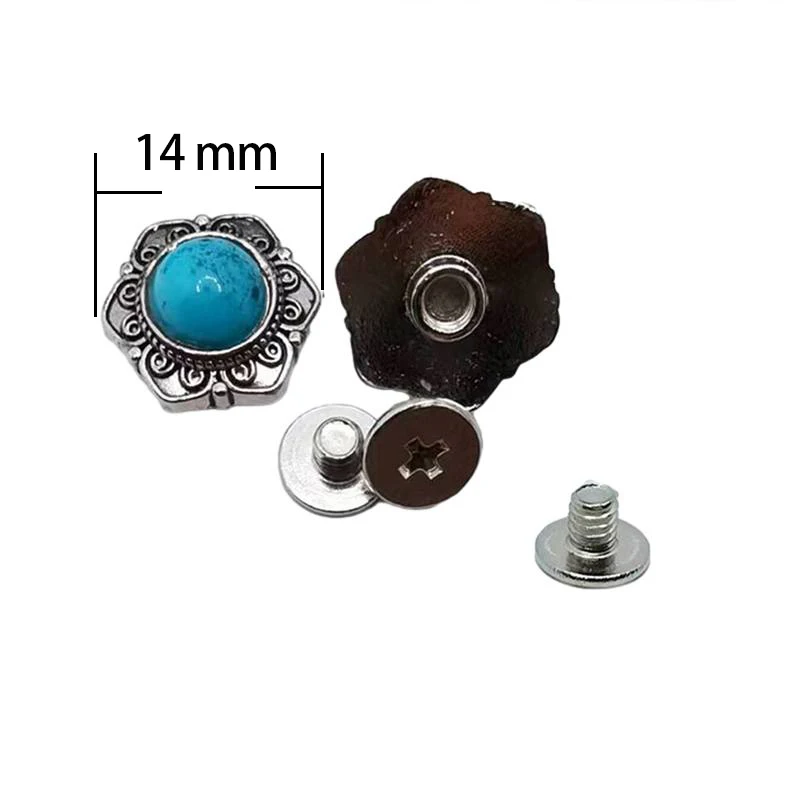 5 Set 14mm Antique Silver Western Flower Star Light Turquoise Conchos Stud For Leathercraft Belt Bag Hatband Bracelet Decor