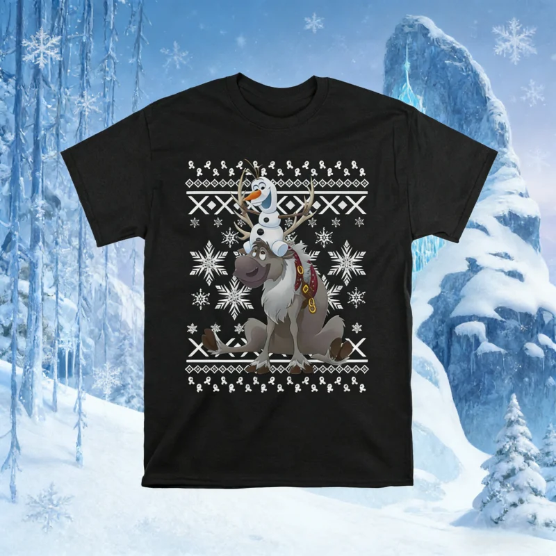 

25/26 Лето Disney Frozen Olaf Sven Riding, 100% чистый хлопок, повседневная дышащая дышащая одежда с короткими рукавами для родителей и детей, унисекс