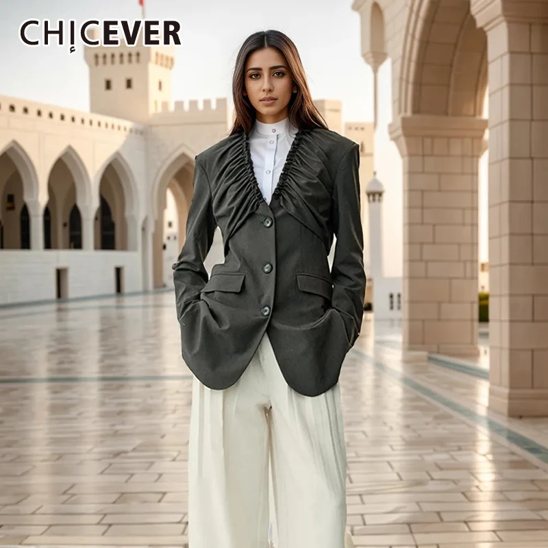 CHICEVER Solid Spliced Folds Blazer For Women V Neck Long Sleeve Patchwork Single Breasted Vintage Asymmetrical Blazers Female