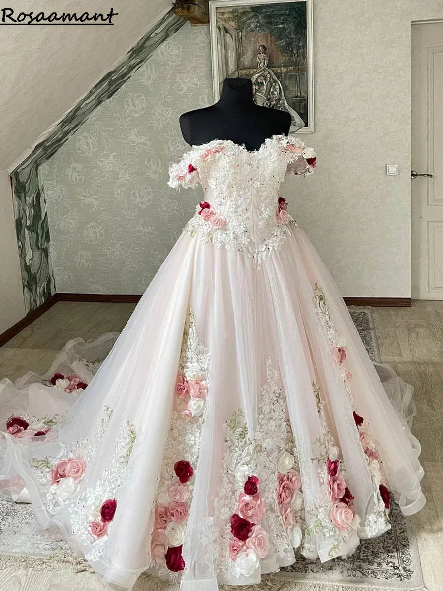 Pink Off The Shoulder 3D Flowers A-Line Wedding Dresses Princess Appliques Lace Bridal Gowns Robe De Mariee