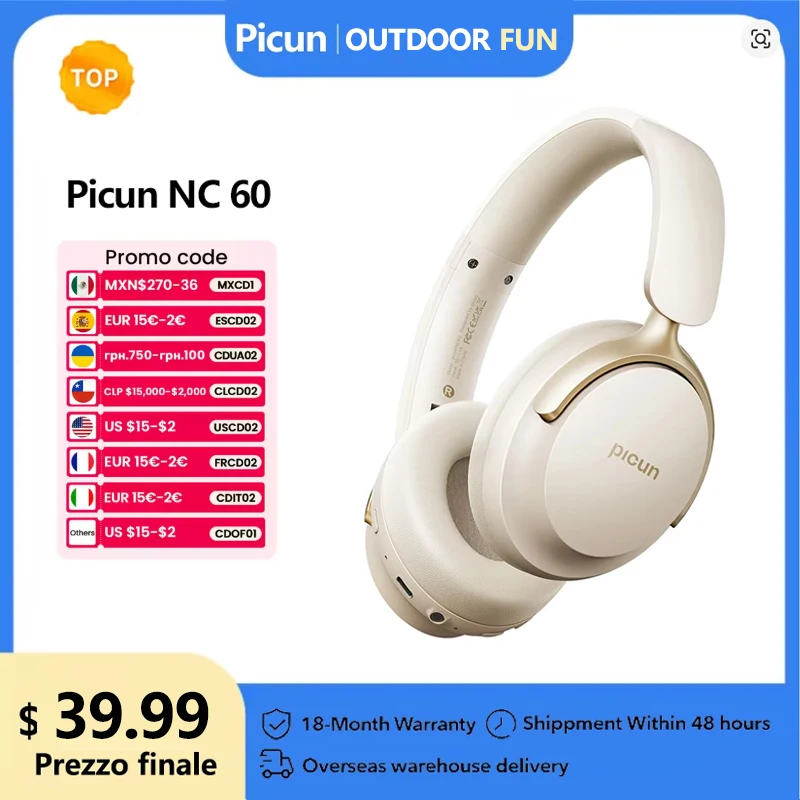 Picun NC60 ANC Wireless Bluetooth 5.4 Headphone 48dB Hybrid Active Noise Cancellation Headsets 40mm Driver 80H Playtime Earphone