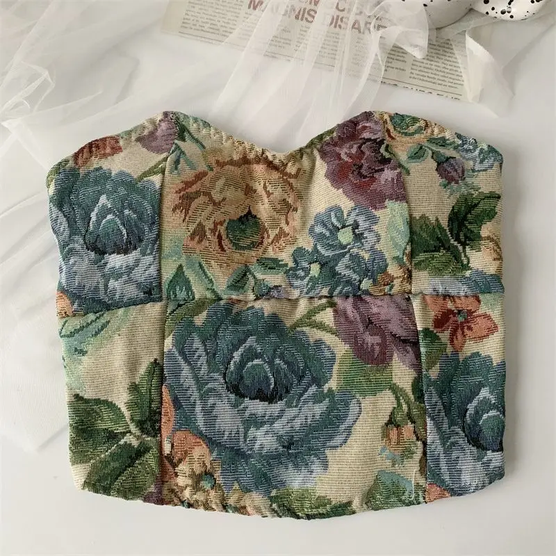 1 Piece Oil Painting Vintage Floral Bustier Tank Top Women with Bra Pads Outwear Beauty Back Wrap Backless Tops