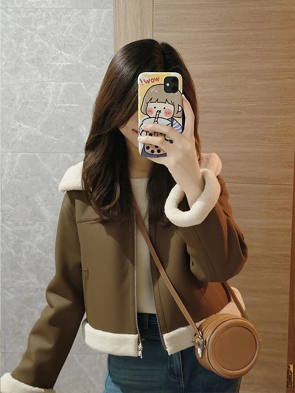 

Женское пальто из овечьего меха Jaet кофейного цвета из интегрированной кожи и меха, зимнее теплое пальто свободного покроя на молнии