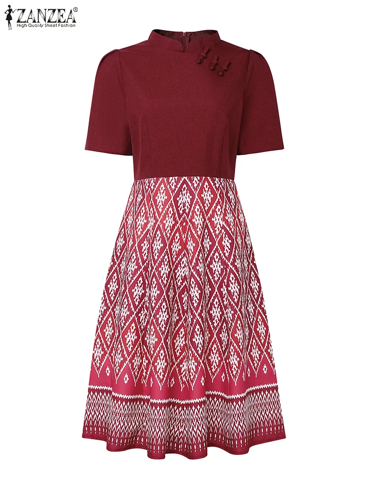 ZANZEA Ethnische Print Patchwork Elegante A-Line Kleider Frau Böhmischen Vintage Stehkragen Kurzarm Knie-Länge Roben Femme