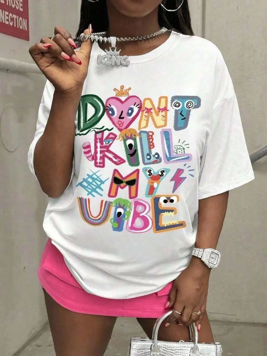 

Womens Cotton Graphic Tee With Slogan Print Crew Neck Short Sleeve Casual Top