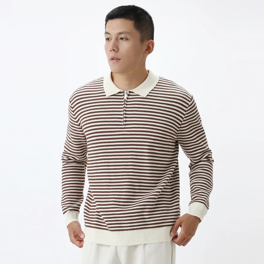 

Мужской осенне-зимний пуловер в полоску с воротником на молнии, вязаный свитер, мужские деловые повседневные рубашки-поло с длинными рукавами, джемперы, свитера, топы