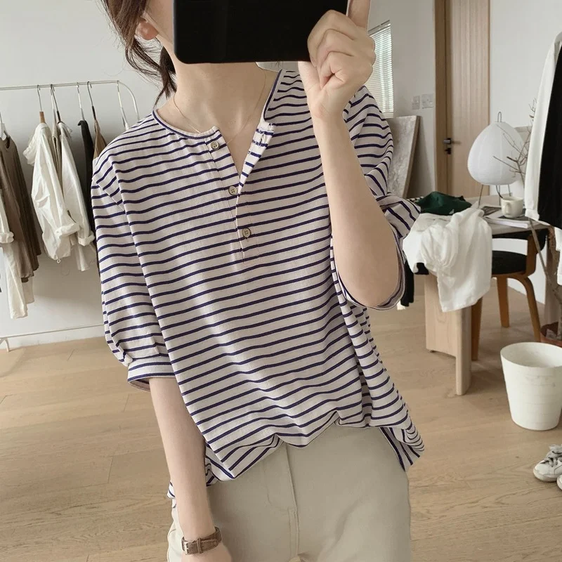 Half Sleeve T-shirts Women Classic Simple Casual Daily Cozy Summer Hot Striped New Korean Style O-neck Mujer Young Lady Clothing