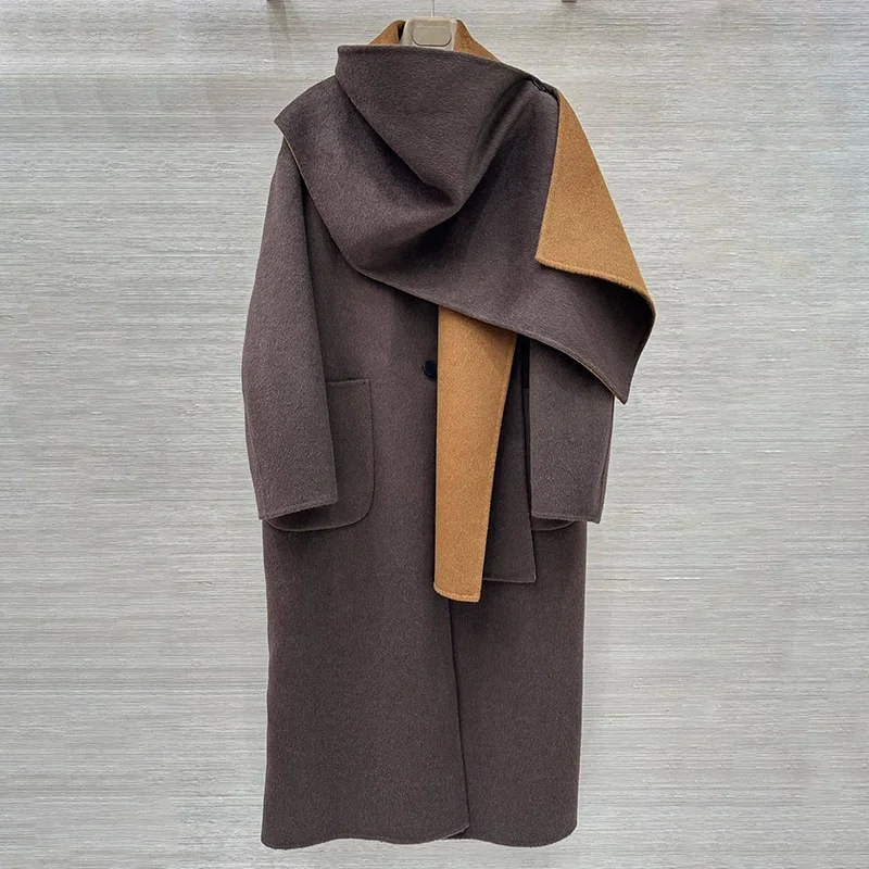 

High quality Double sided women's long woolen coat autumn/winter Korean style woman clothing with a large shawl 25121397