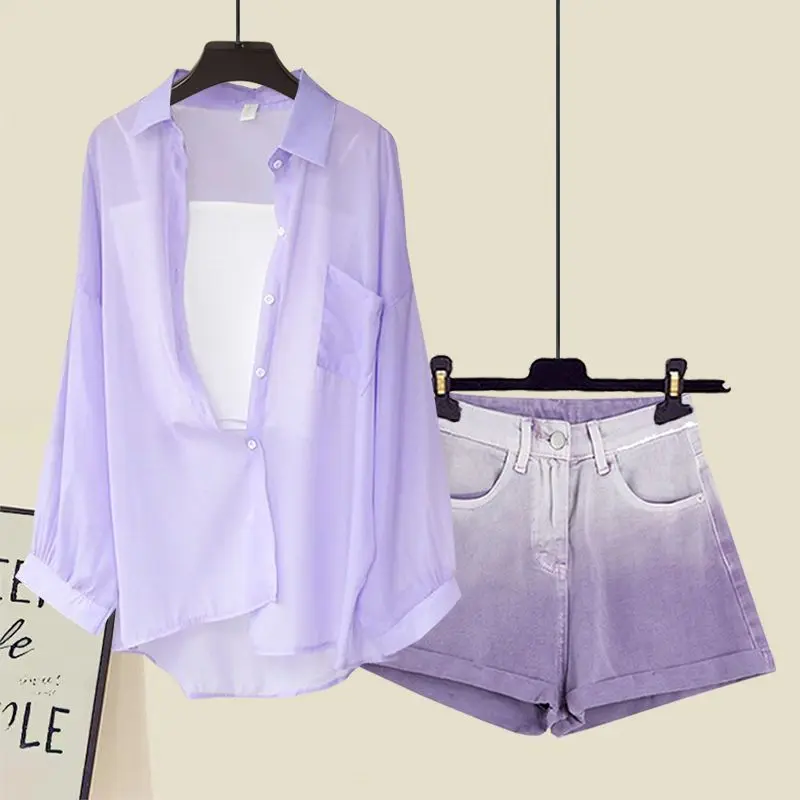 

Women's Summer New Tracksuit Matching Set Korean Elegant Purple Sunscreen Chiffon Shirt+suspender+denim Shorts Three Piece Suit