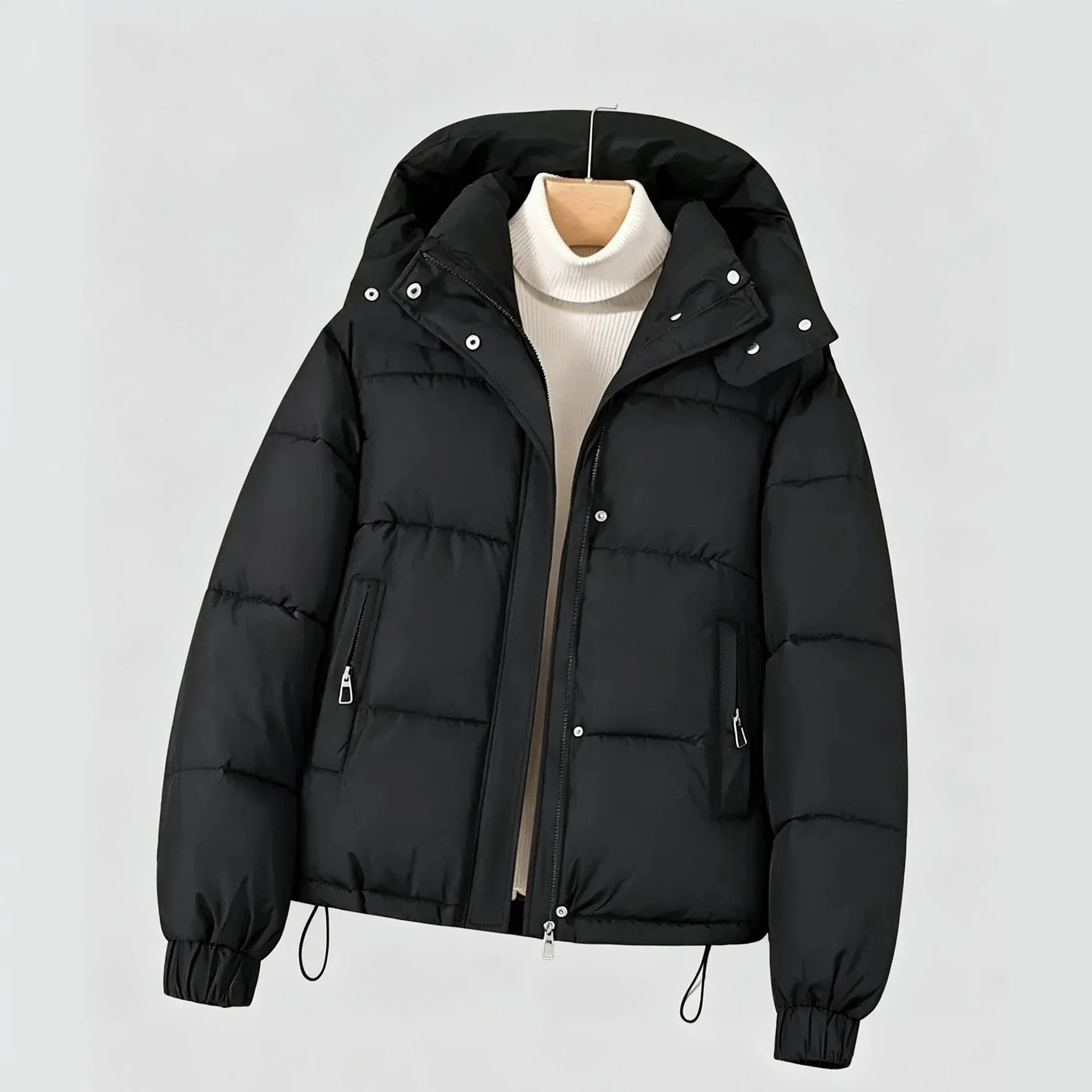 Hooded Loose Fit Hat with Long Sleeves Zipper Front Pockets Thick Winter Coat Professional Elegance Regular Length for Women