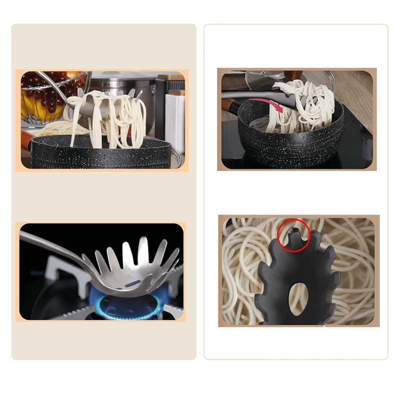 Servidor de Pasta de cocina con dientes, acero inoxidable, garra de espagueti ranurada para servir y colar fideos, cuchara