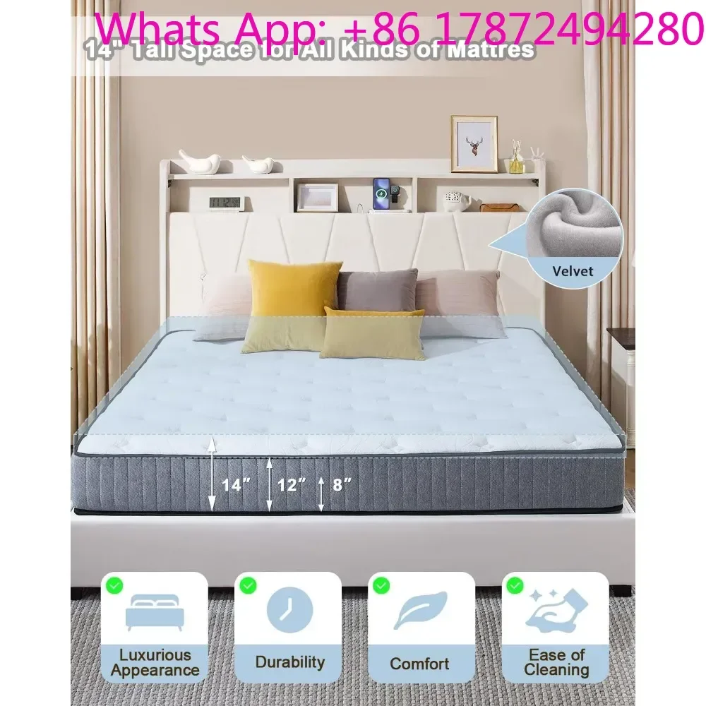Velvet Upholstered LED Platform Bed with Headboard Storage, Bed Frame King Built