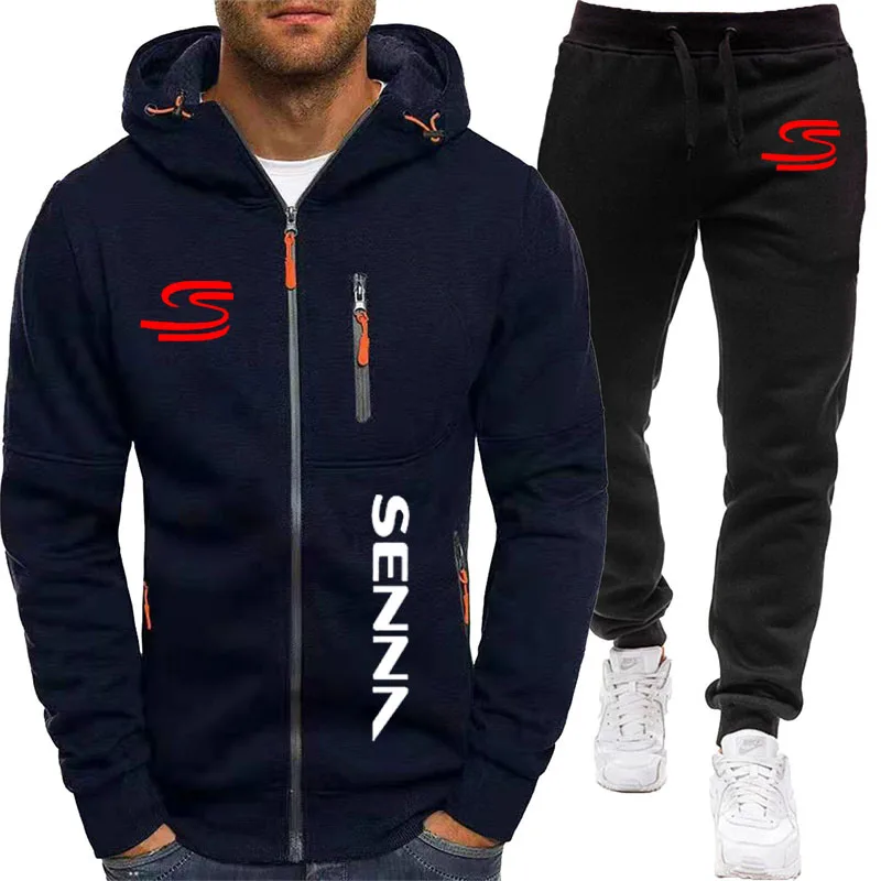 New brand men's sportswear set Hoodie + pants Fashion casual 2-piece Ayrton Senna printed solid color multi-zipper men's set
