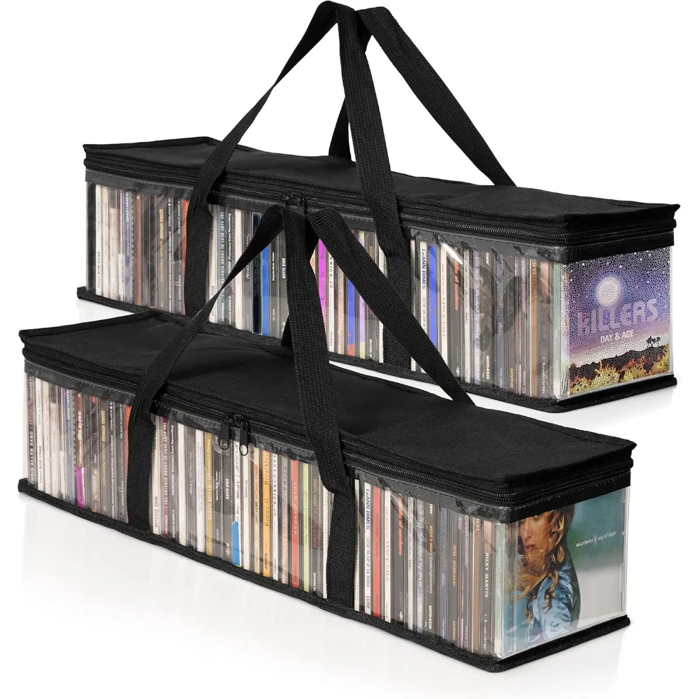 

CD Storage Bags - 2-Pack Clear Plastic Holder Case for Music Disc - Sturdy Stitched, Strong Handle, Fits 96 Albums & Movie