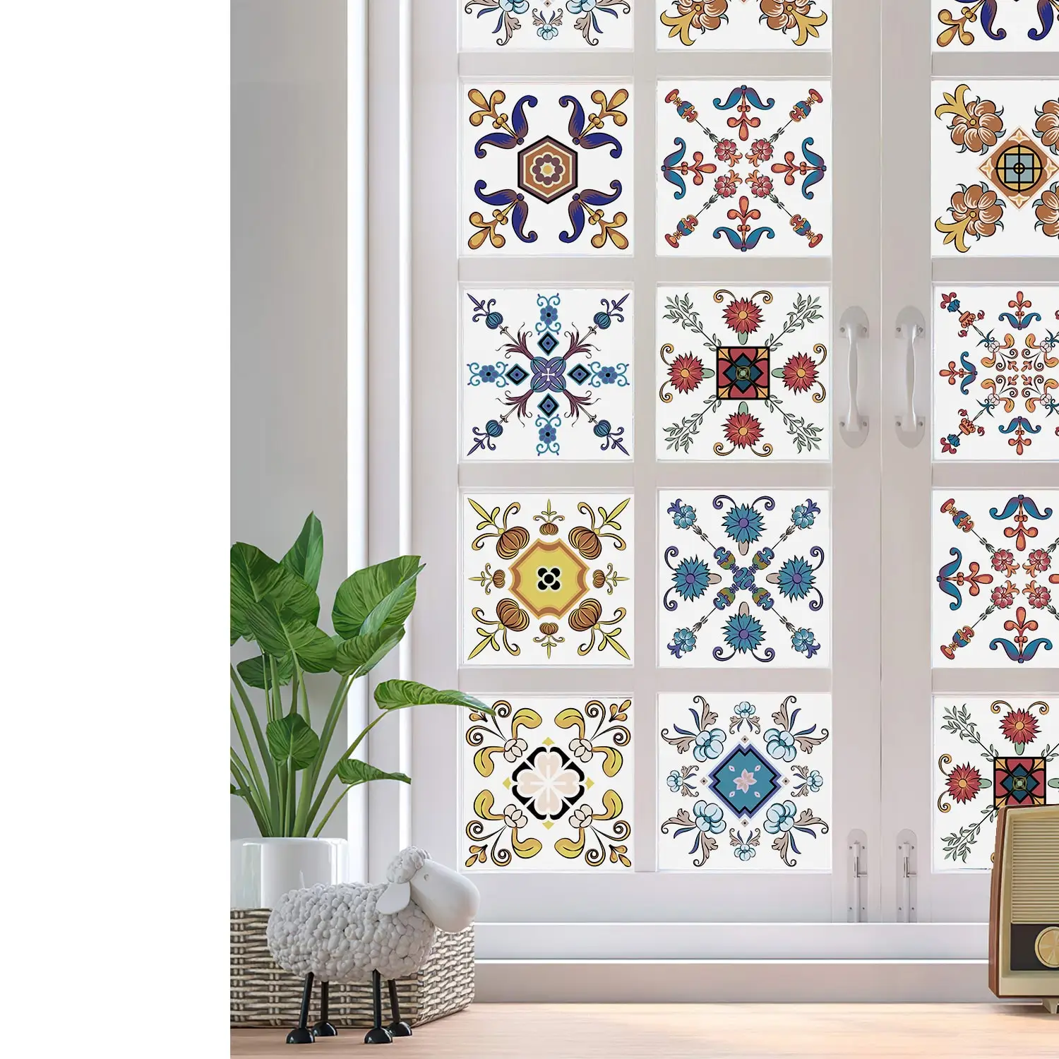 24 Pieces of Mandala Retro Pattern Glossy Self-adhesive Tile Stickers for Kitchen and Bathroom Removable Waterproof Wall Sticker