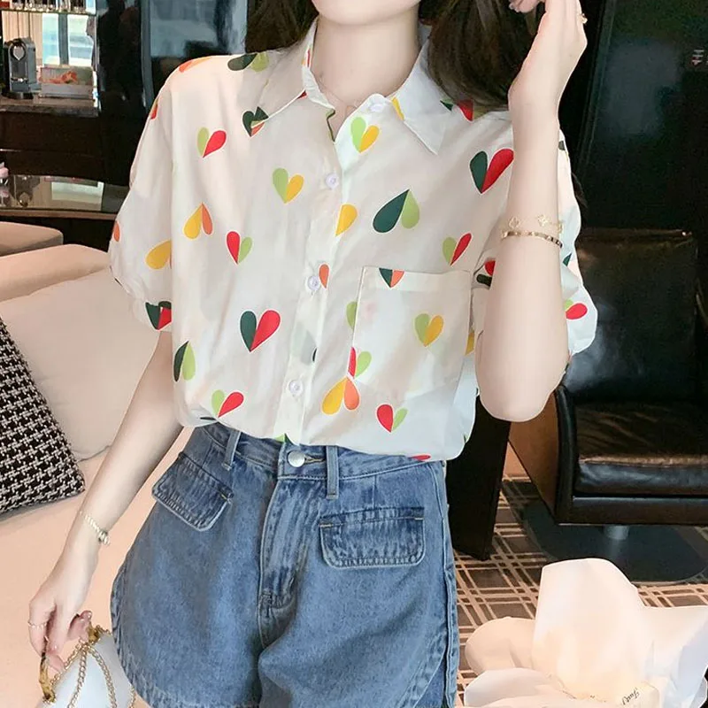 Korean Fashion Printed Turn-down Collar Shirt For Female Summer All-match Short Sleeve Casual Button Blouse Women\'s Clothing