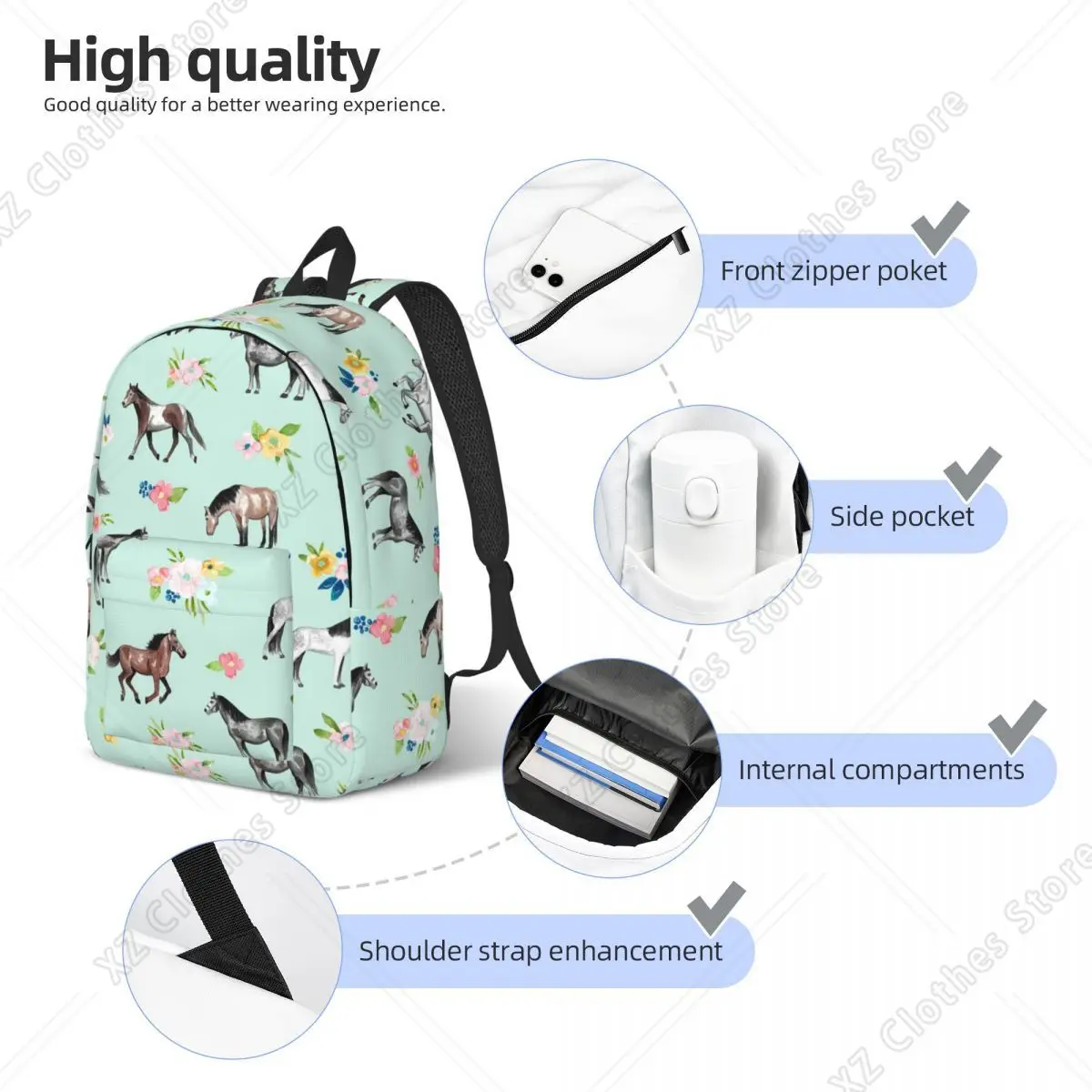 Horses And Flowers, Mint Blue, Horse Art Student Backpack School Bag Travel Daypack for Boys Girls Fashion Bookbag Shoulder Bags