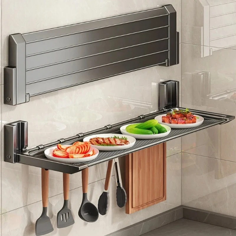 

Folding Wide Hanging Spice Rack, Adhesive Spice Dish Storage Rack, Kitchen Shovel Organizer with Hooks, Foldable Kitchen Rack